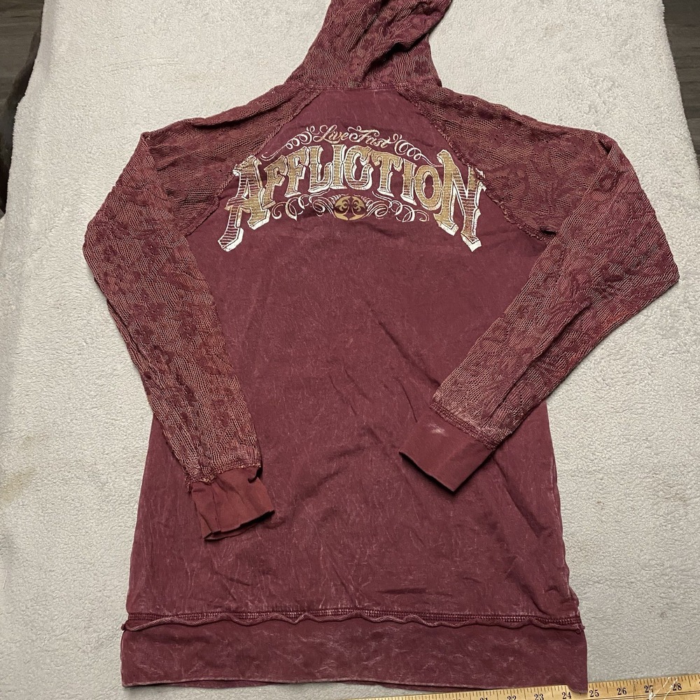 Affliction Hoodie Womens Large Maroon Lace V Neck Tie Y2K Skull Grunge Flaw Read - Picture 4 of 10